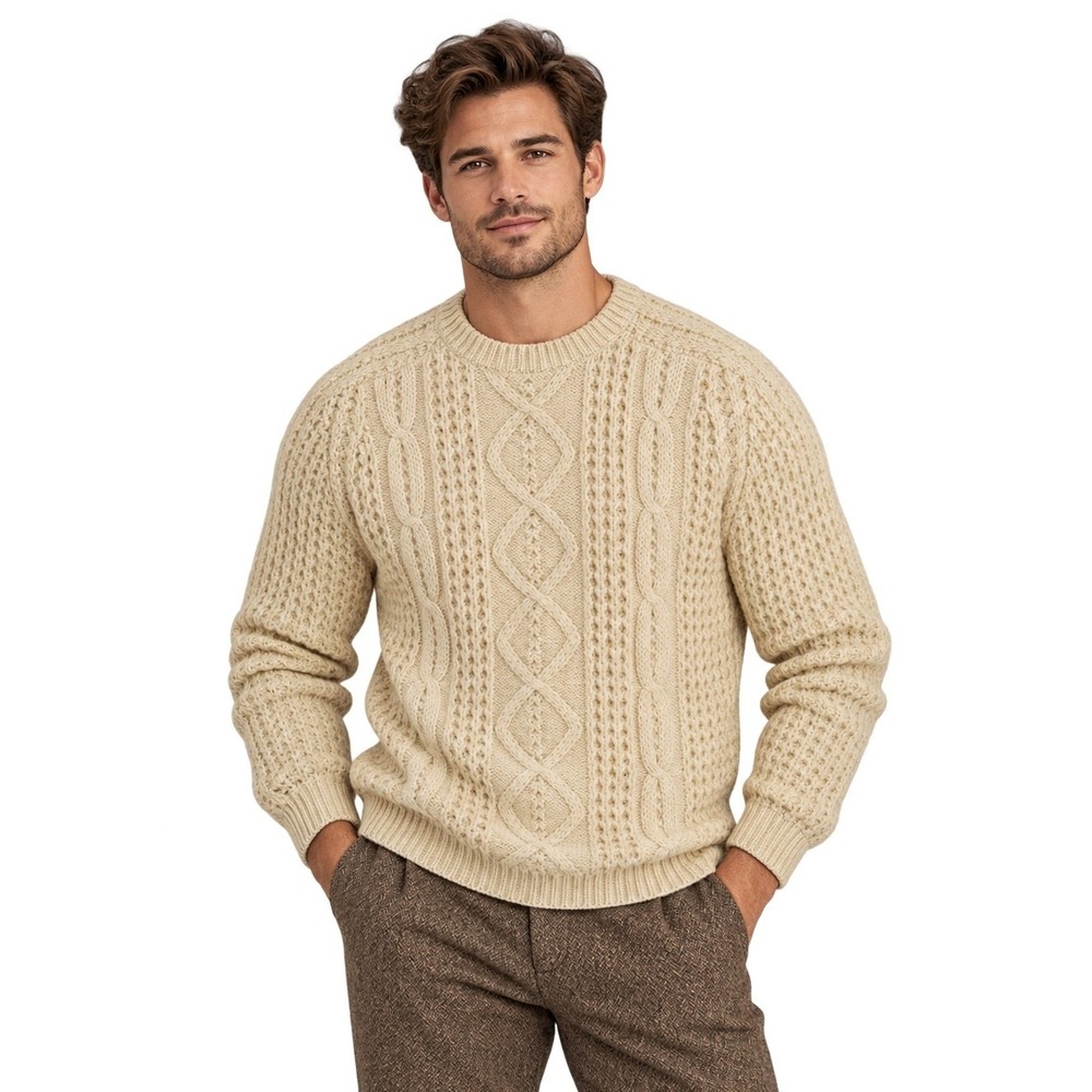 Gaeltarra Cable Knit Irish Fisherman's Sweater Men's Size Large Cream 100% Wool
